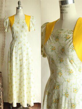 Vintage 1970s Dress, Floral Print Prairie Maxidress with yellow and green flower
